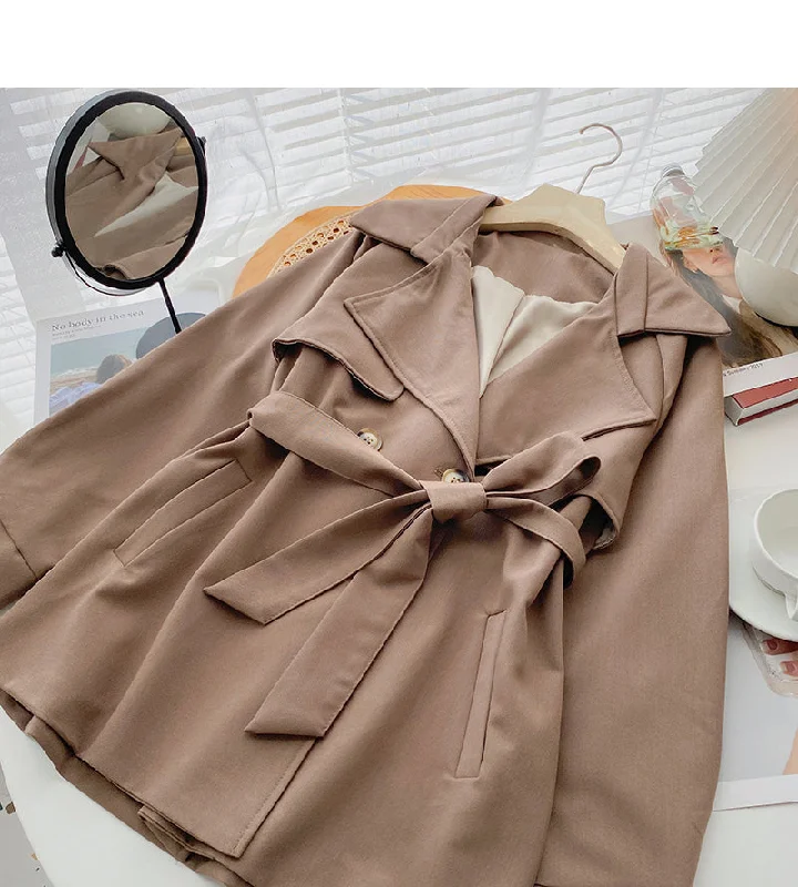 Suit collar windbreaker coat Long Sleeve loose top with belt  6218