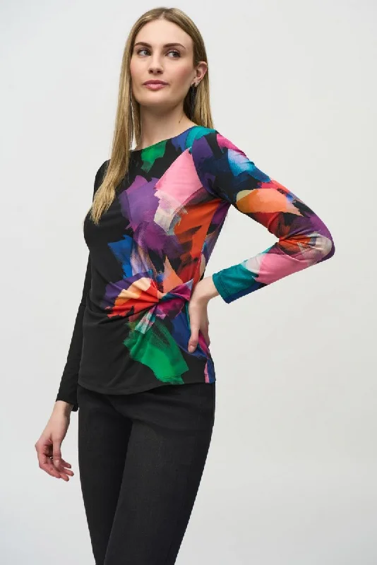 Joseph Ribkoff Black/Multi Brushstroke Print Ruched Top 244073