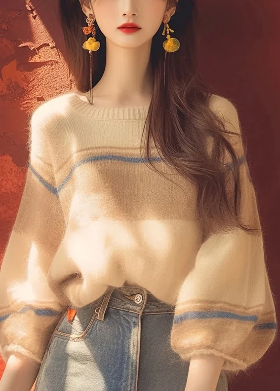 Quick Sale Women Apricot O Neck Cozy Patchwork Knit Sweater Winter