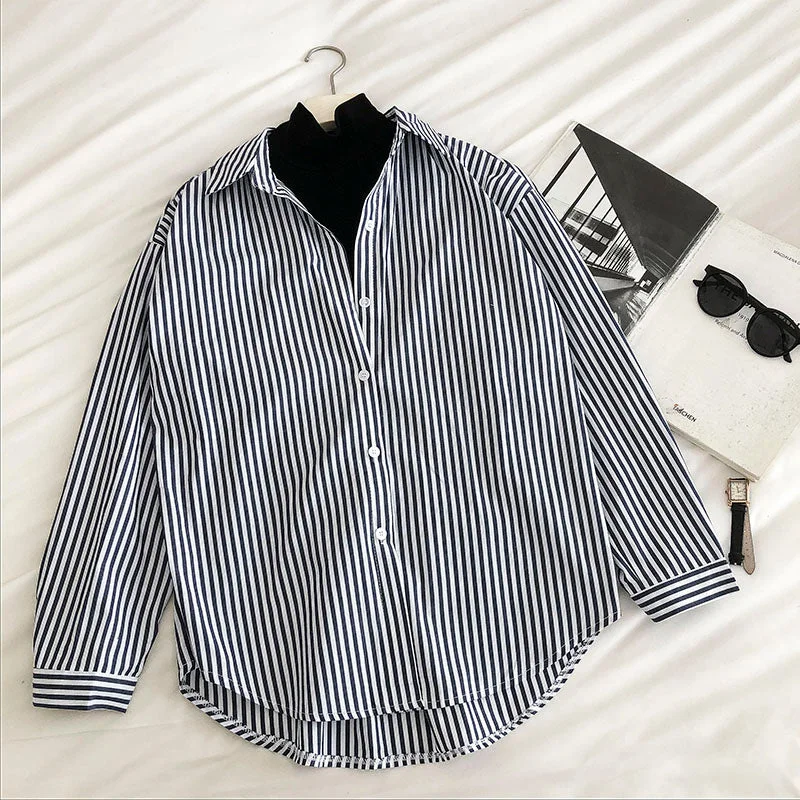 Simple striped single breasted contrast fake two loose long sleeved women's shirt  6244