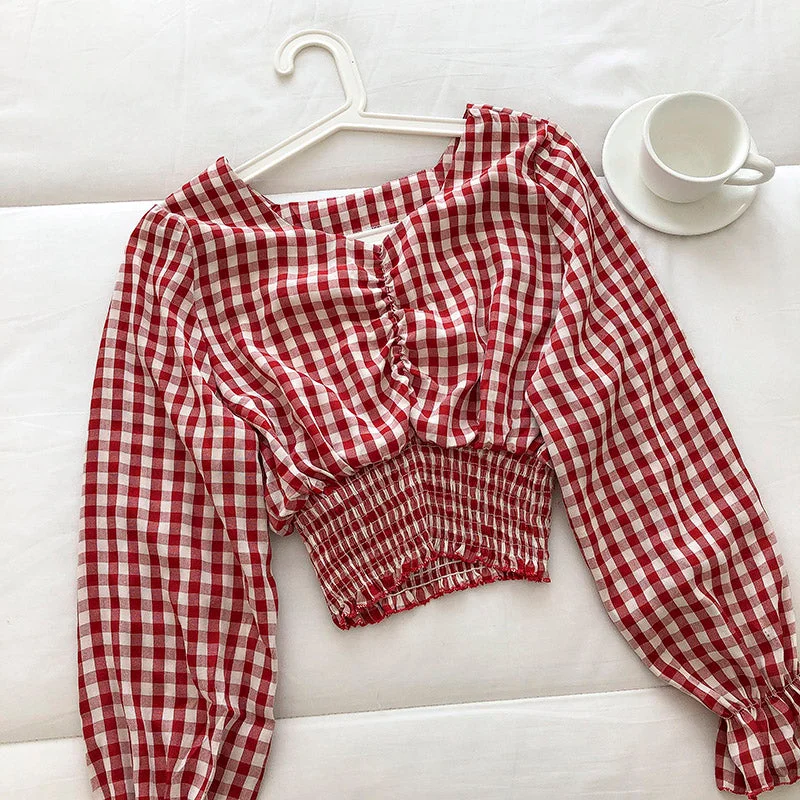 Korean girls' sweet little Plaid Shirt  6249