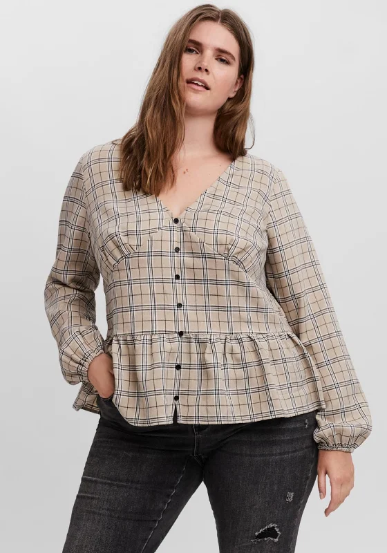 Vero Moda Curve Ella Tartan Peplum Blouse, Beige