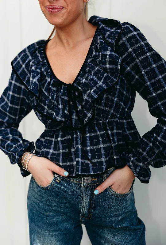 Pretty In Plaid Top - Navy