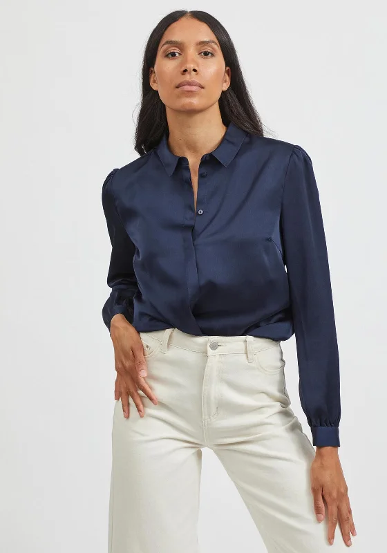 Vila Ellette Satin Shirt, Navy Blazer