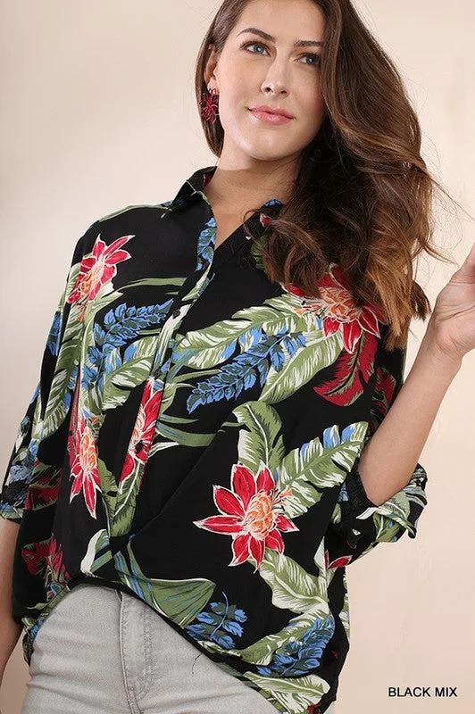 Tropical Print Button Up Blouse