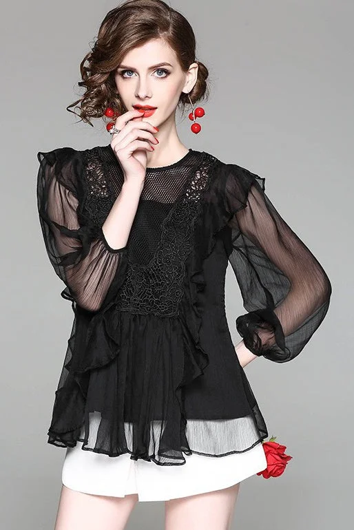 Chiffon Top W/ Lace and Ruffle Detail