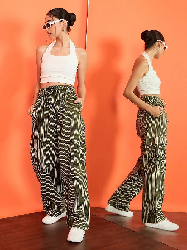 Striped Cargo Trousers with Elasticated Waistband