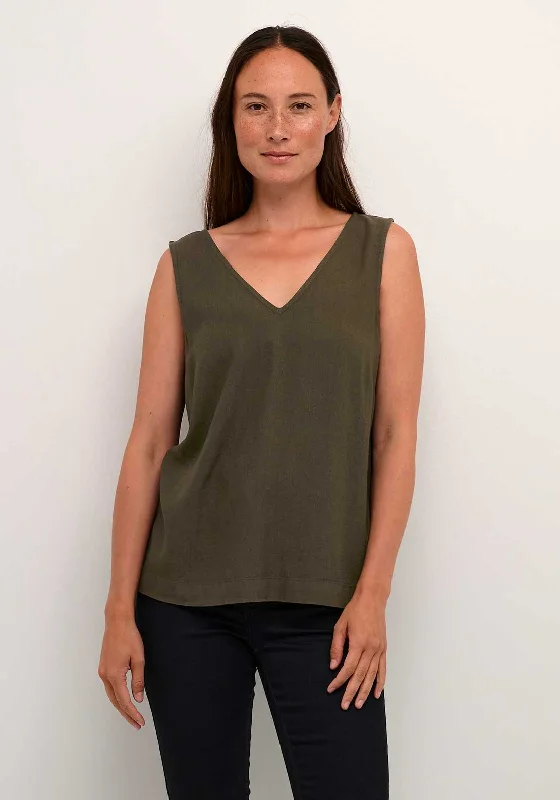 Kaffe Milia Linen Blend V Neck Top, Forest Night