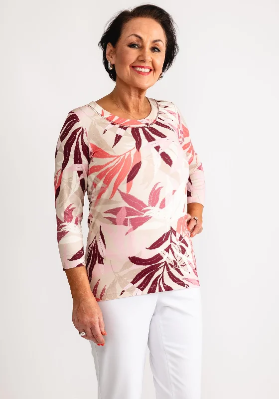 Bianca Dini Leaf Print Top, Beige Multi