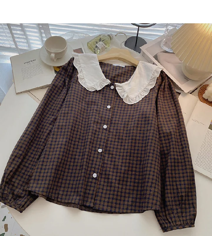 Long sleeve shirt women's design casual Plaid top  6318