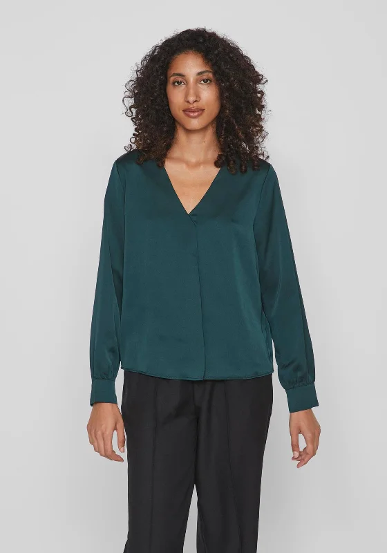 Vila Ellette V-Neck Satin Blouse, Ponderosa Pine