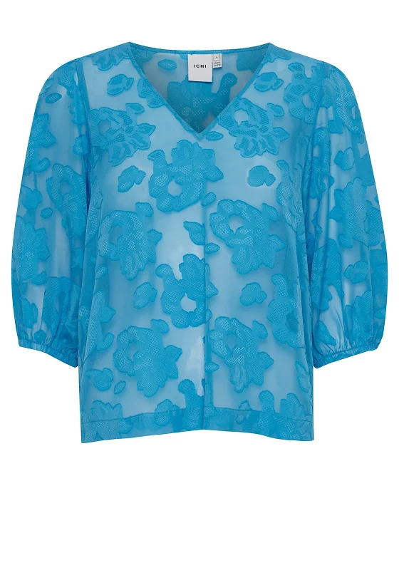 Ichi Floral Applique Chiffon Top, Blue