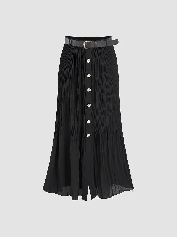 BerryBetty - Pleated Belted Mesh Flowy Midi Skirt