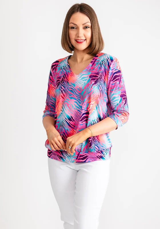 Leon Collection Animal Print V Neck Top, Pink Multi