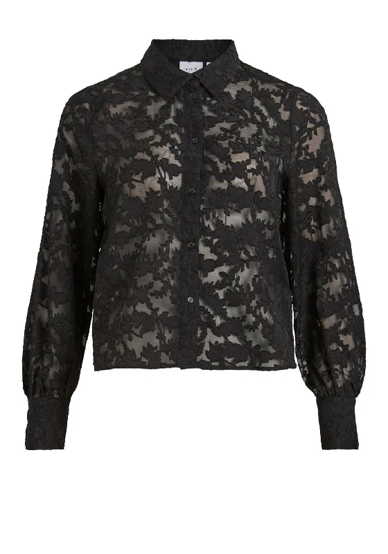 Vila Lema Textured Leaf Print Blouse, Black