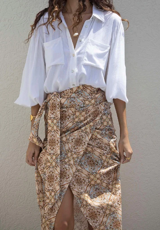 Alexandra Scarf Print Midi Wrap Skirt + Sydney White Linen Blouse Set