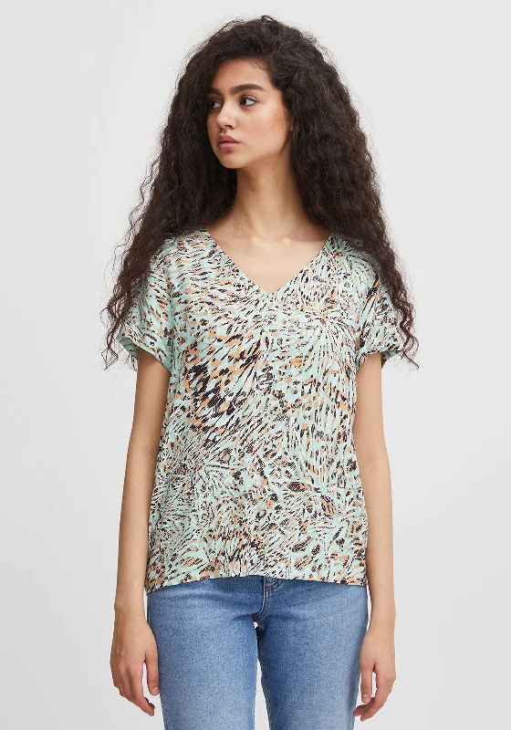 Ichi Vera V-Neck Sketch Print Blouse, Eggshell Blue