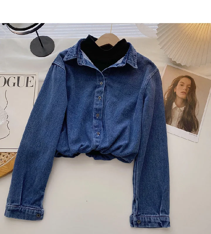 Niche design fashion stitching short Denim Long Sleeve Shirt 6330