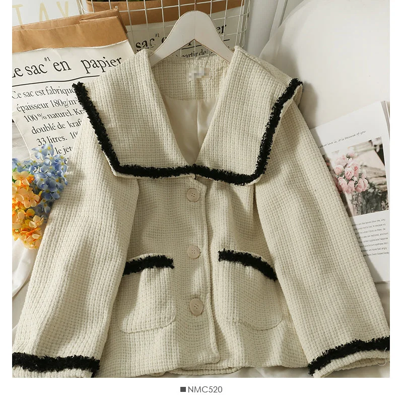 Hong Kong style retro color matching woolen single breasted loose coat for women  2109