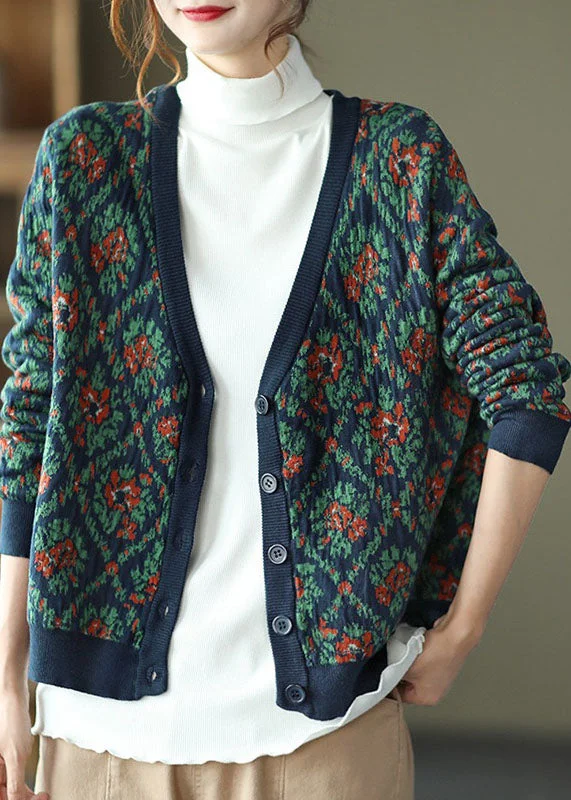 Weekend Deals That Amaze Bohemian Navy V Neck Print Knit Cardigan Winter