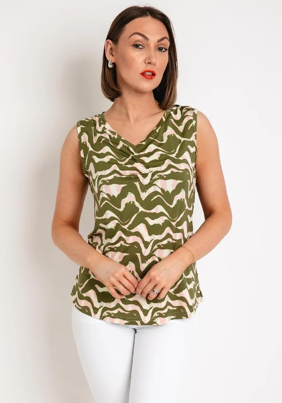 Fransa Seen Wave Print V Neck Sleeveless Top, Green & Pink