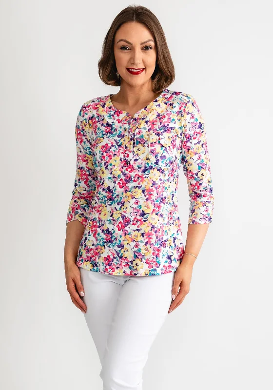 Leon Collection Floral Button Neck Top, Pink Multi