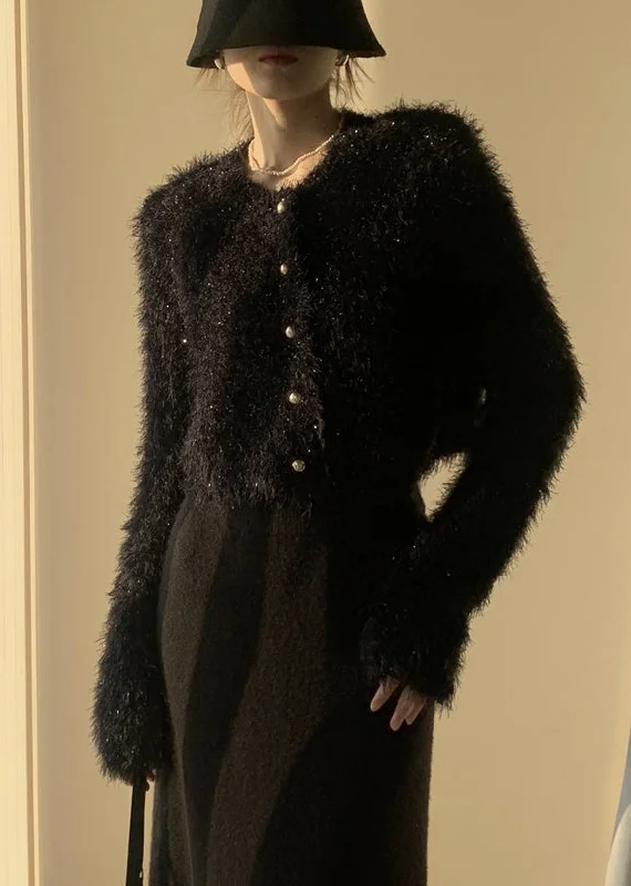 Weekend Deals That Amaze Black Fluffy Solid Knit Cardigan O-Neck Winter