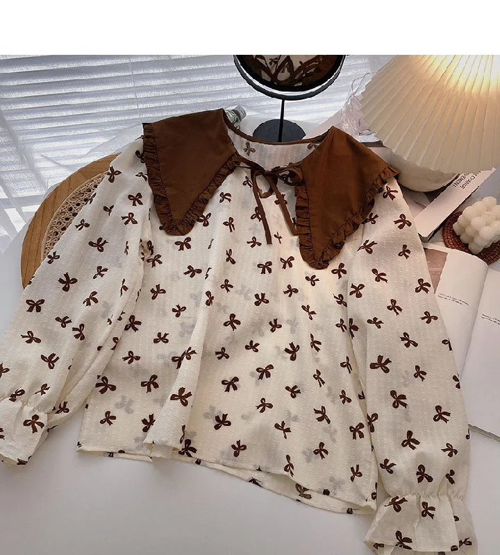 Korean minority design bow Print Long Sleeve Top  6311