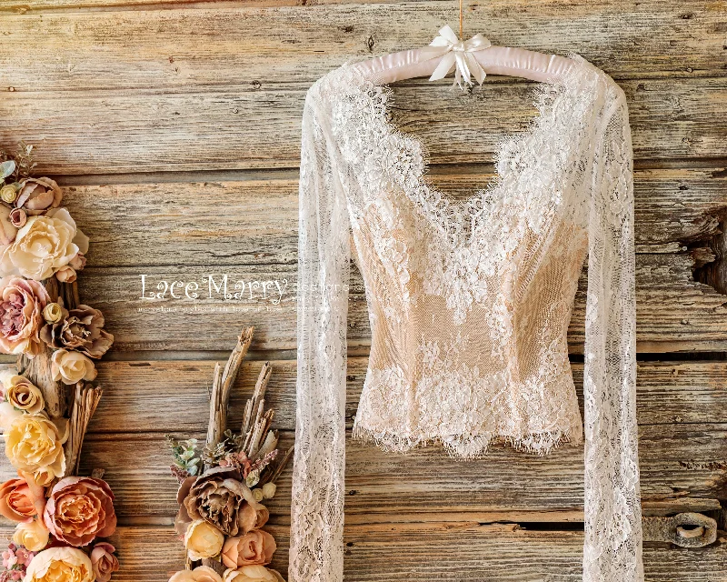 V Neck Lace Bridal Top with Long Sleeves