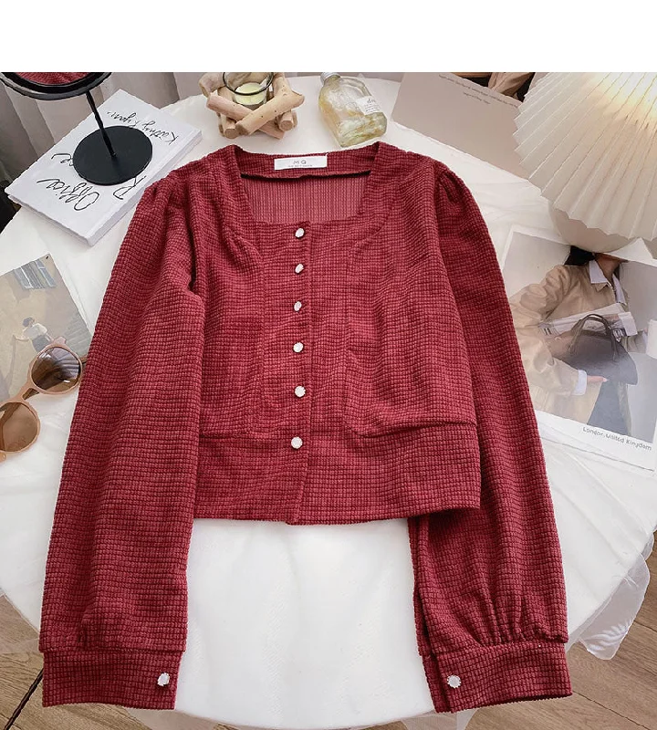 Korean style casual solid color single breasted long sleeve top  6341