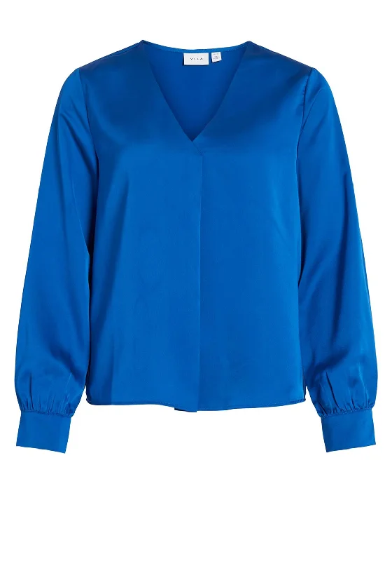 Vila Ellette V-Neck Satin Blouse, Lapis Blue