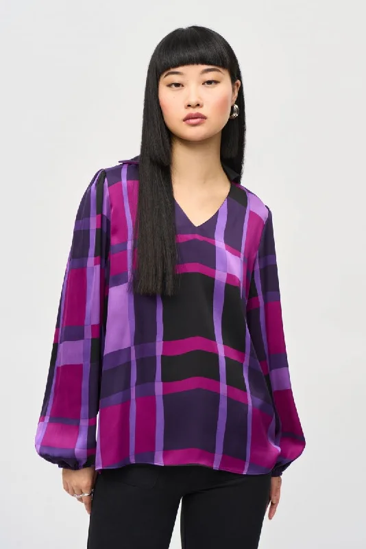 Joseph Ribkoff Purple/Black Plaid Puff Sleeve Satin Top 243058